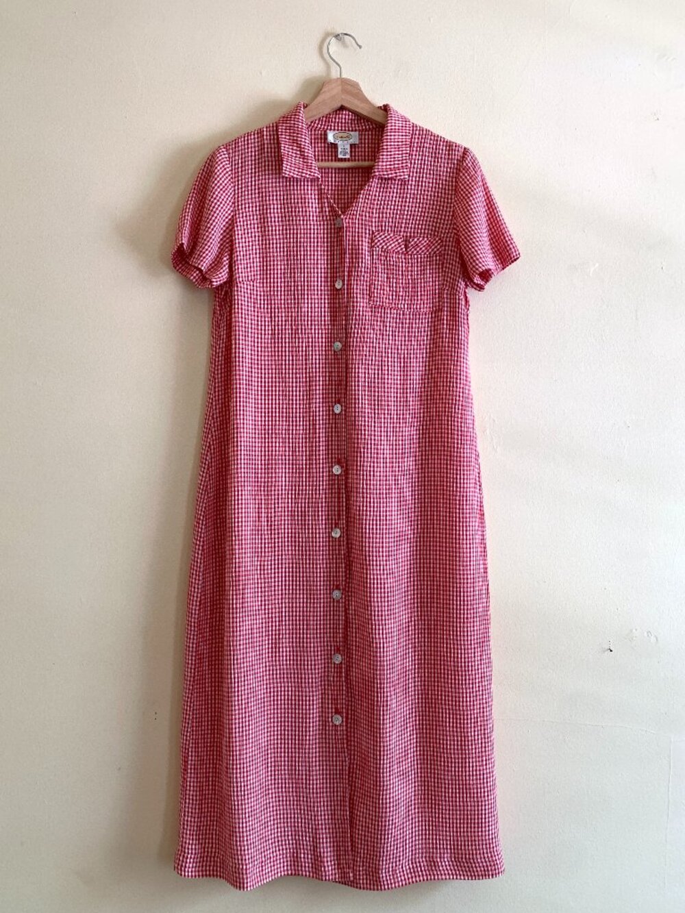 Vintage Talbots Red White Gingham Button Up Midi Dress 6P Short Sleeve Americana